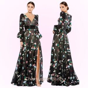 Mac Duggal | 79361 Embroidered Bishop Sleeve V Neck Flowy Gown Size 12 NEW